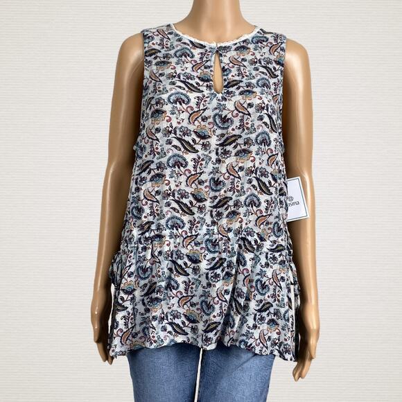 Susina Nordstrom Gray Floral Lace Trim Keyhole Peasant Tank Top Shirt Large - Picture 1 of 9